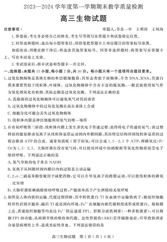 2024聊城高三上学期期末考试生物PDF版含答案01