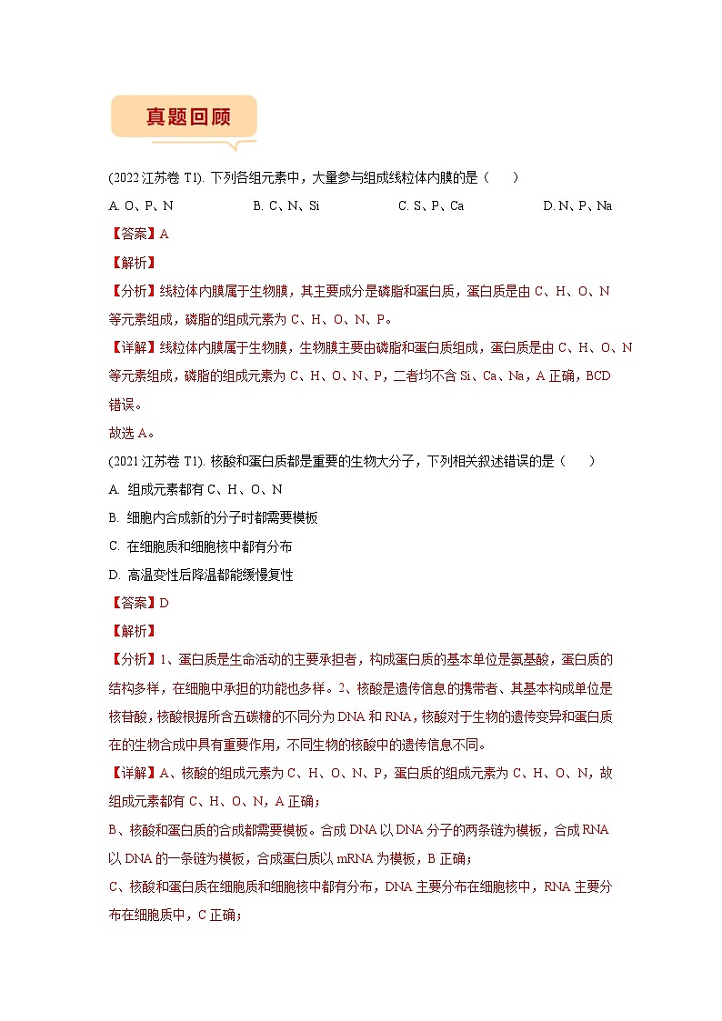 押江苏卷第1题 元素化合物-备战高考生物临考题号押题（江苏卷）02