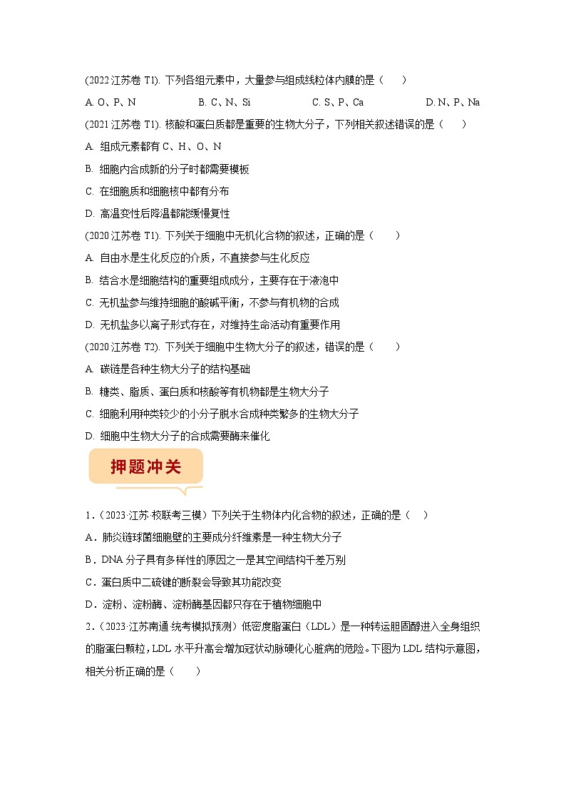 押江苏卷第1题 元素化合物-备战高考生物临考题号押题（江苏卷）02