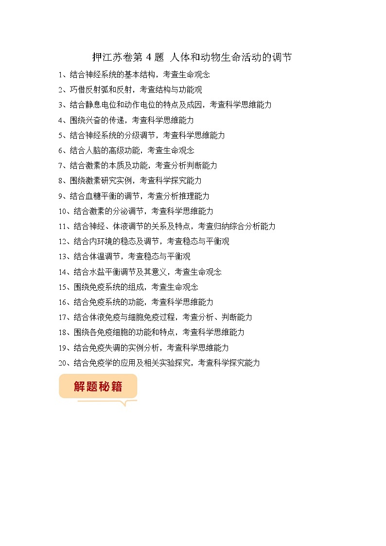 押江苏卷第4题 人体和动物生命活动的调节-备战高考生物临考题号押题（江苏卷）01