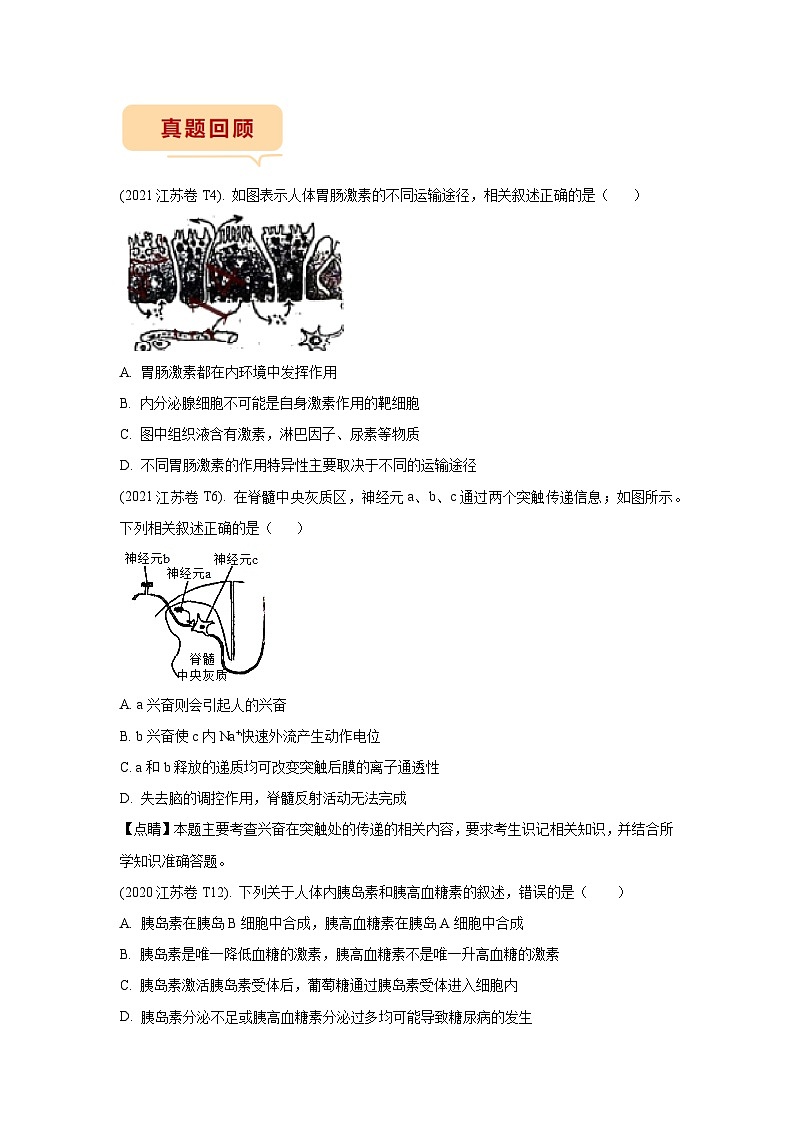 押江苏卷第4题 人体和动物生命活动的调节-备战高考生物临考题号押题（江苏卷）03