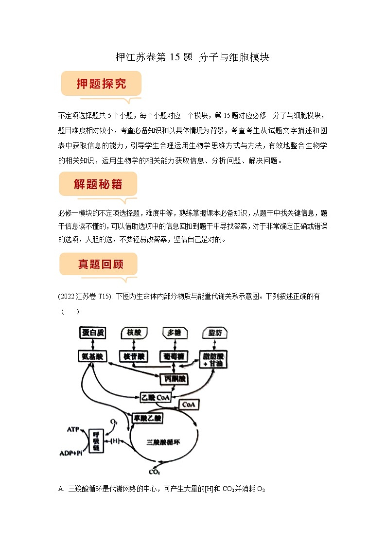 押江苏卷第15题 分子与细胞模块-备战高考生物临考题号押题（江苏卷）01