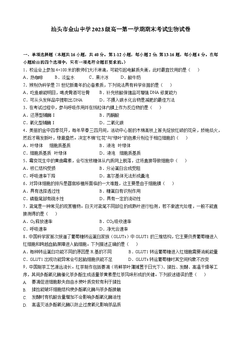 广东省汕头市金山中学2023-2024学年高一上学期期末考试生物试卷（Word版附答案）01