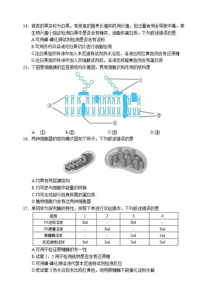 2024丽水高一上学期1月期末考试生物含答案03