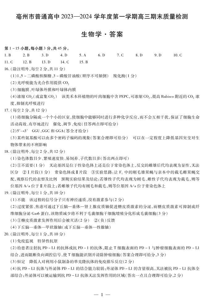 安徽省亳州市普通高中2023-2024学年高三上学期1月期末质量检测生物试题01