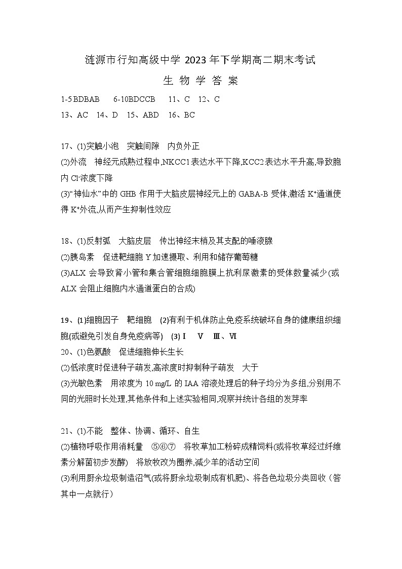 涟源市行知高级中学2023年下学期高二期末考试试卷 生物学答案第1页