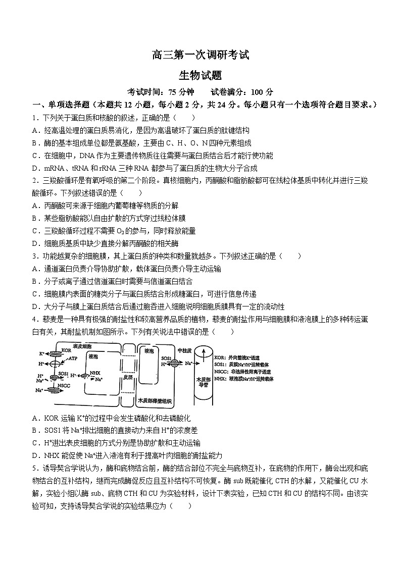 江西省新余市2023-2024学年高三第一次调研考试生物试题(无答案)01