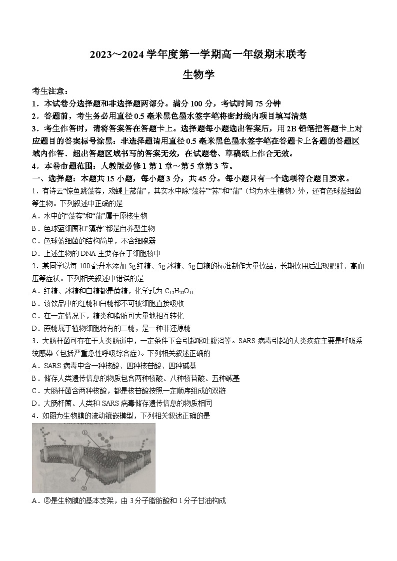 安徽省皖北六校2023-2024学年高一上学期期末联考生物试题第1页