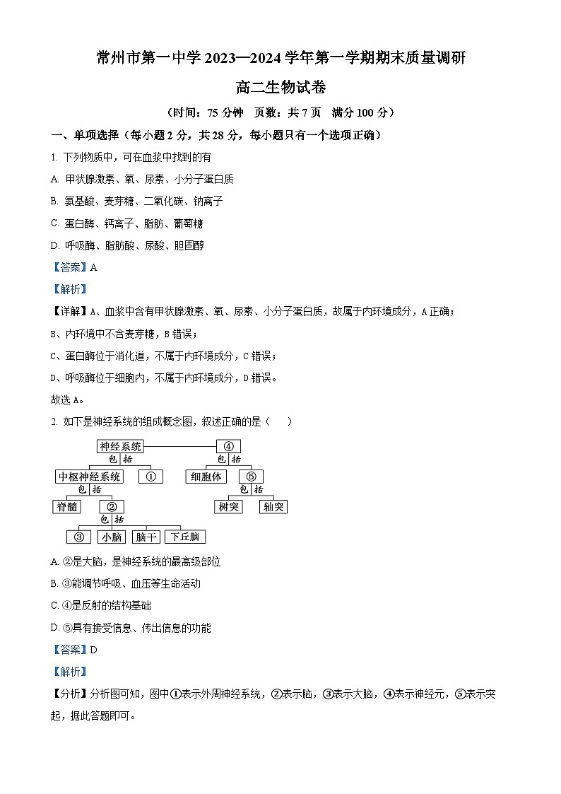 73，江苏省常州市一中2023-2024学年高二上学期期末生物试题01