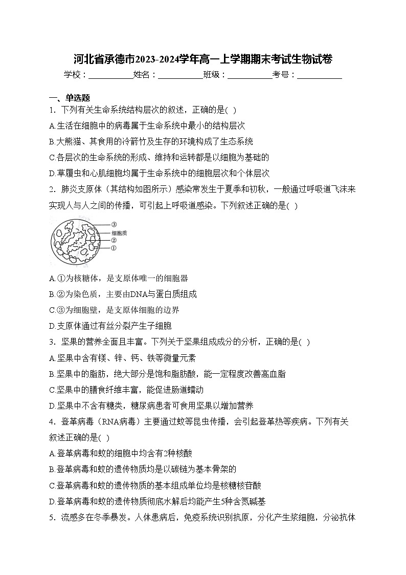 河北省承德市2023-2024学年高一上学期期末考试生物试卷(含答案)01