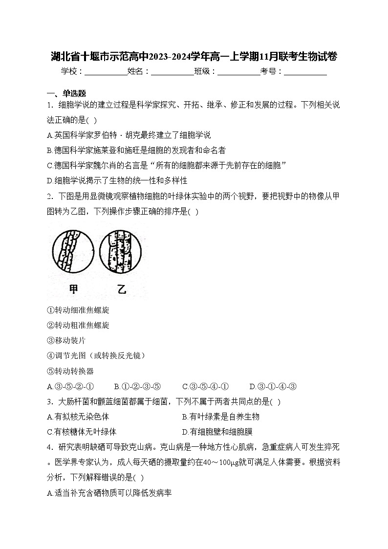 湖北省十堰市示范高中2023-2024学年高一上学期11月联考生物试卷(含答案)第1页