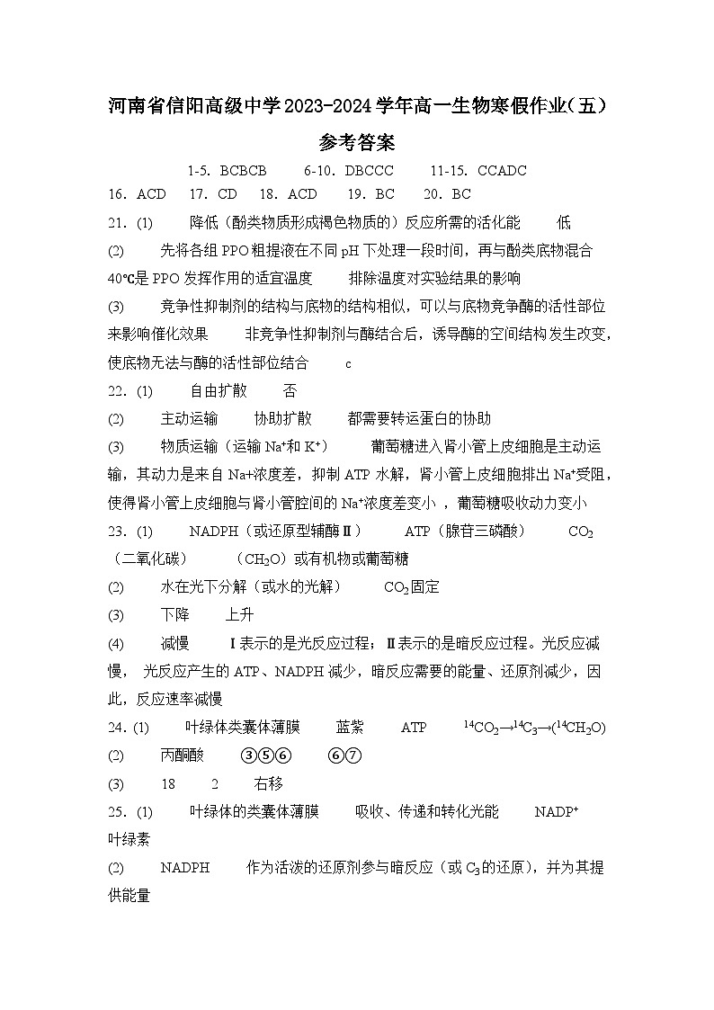 203，河南省信阳高级中学2023-2024学年高一生物寒假作业（五）(1)01