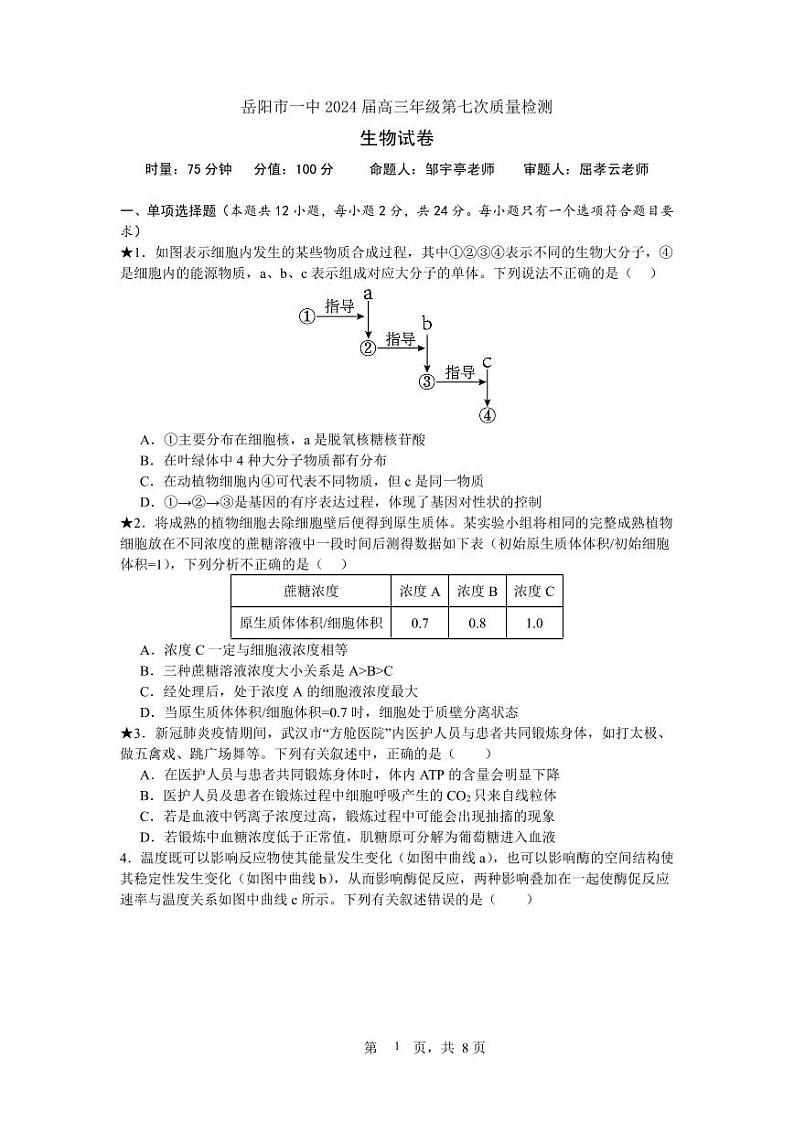 192，湖南省岳阳市第一中学2023-2024学年高三上学期开学考试生物试题第1页