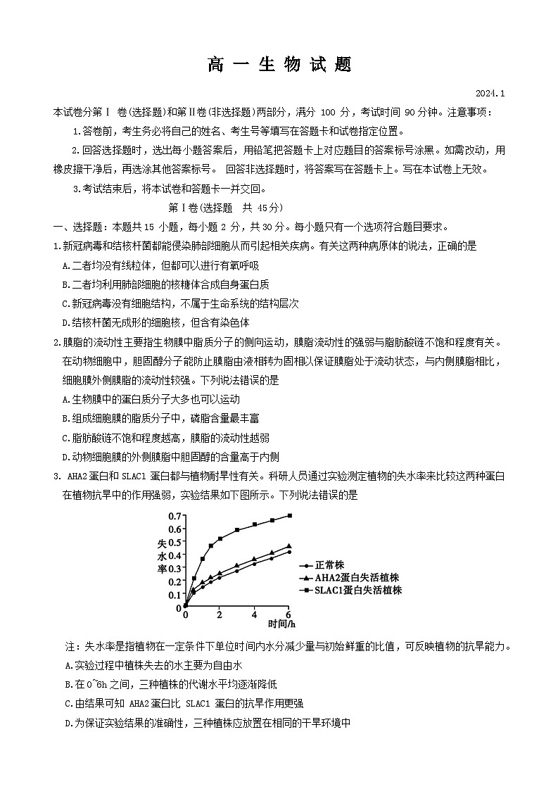 2024德州高一上学期期末考试生物含答案01