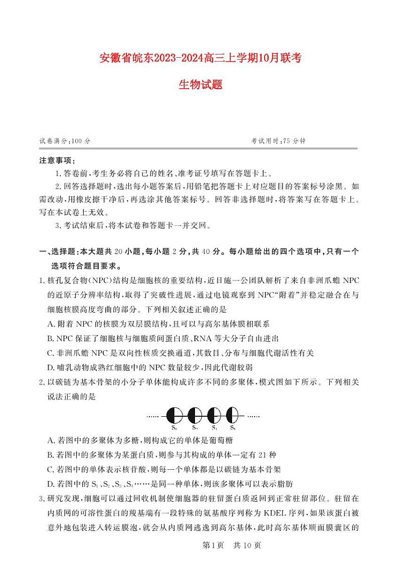 安徽省皖东2023_2024高三生物上学期10月联考试题01