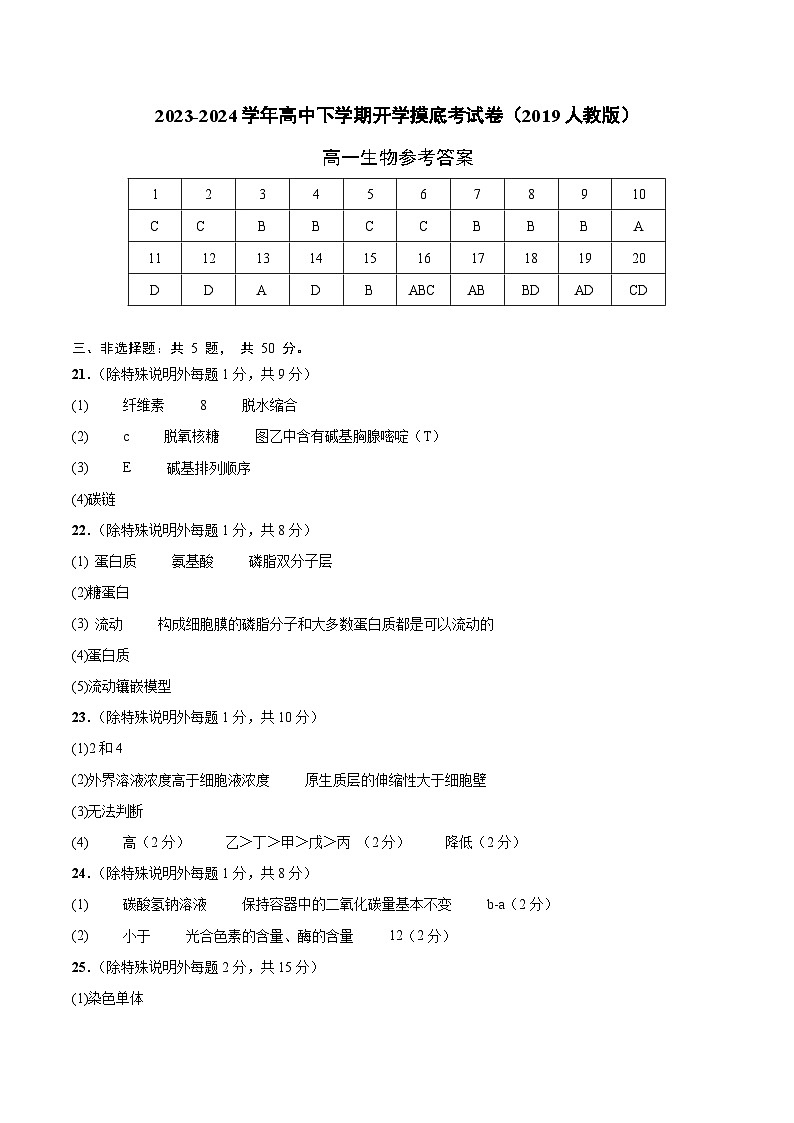 高一生物开学摸底考（2019人教版）（参考答案）第1页
