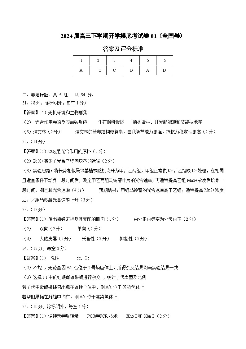高三生物开学摸底考01（全国卷）（答案及评分标准）第1页