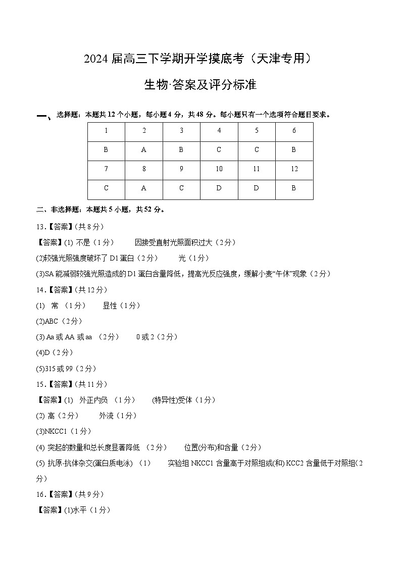 【开学摸底考】高三生物（天津专用）-2023-2024学年高中下学期开学摸底考试卷.zip01