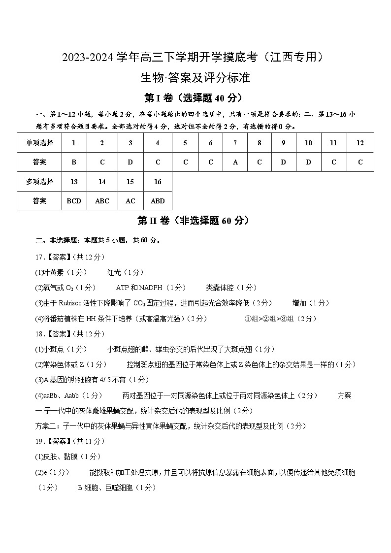 【开学摸底考】高三生物（江西专用）-2023-2024学年高中下学期开学摸底考试卷.zip01