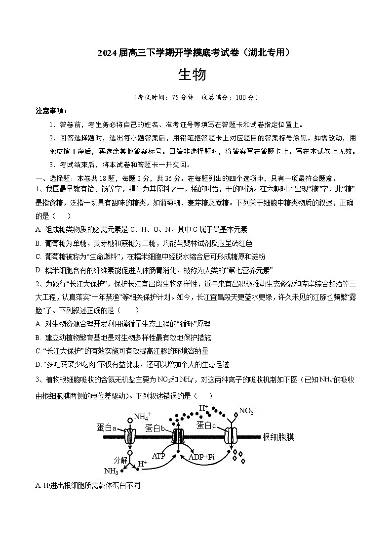 【开学摸底考】高三生物（湖北专用）-2023-2024学年高中下学期开学摸底考试卷.zip01