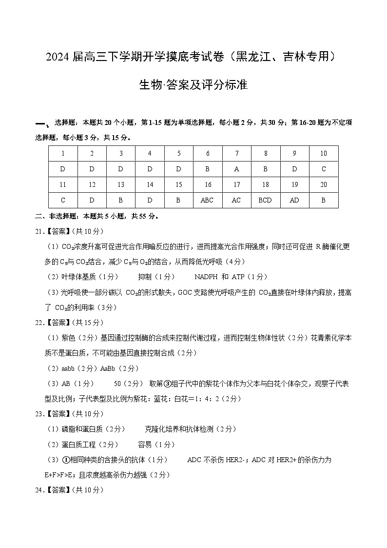 【开学摸底考】高三生物（黑龙江、吉林专用，15+5+5题型）-2023-2024学年高中下学期开学摸底考试卷.zip01