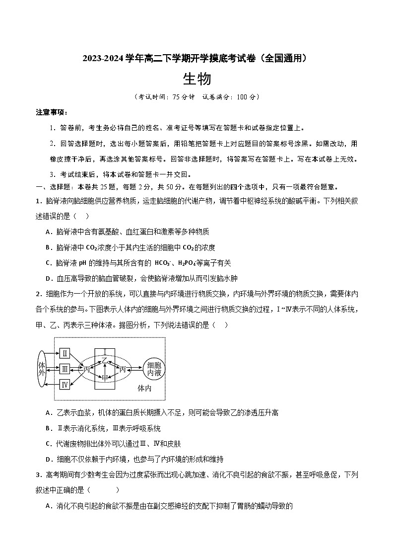 高二生物开学摸底考（全国通用）（考试版）第1页