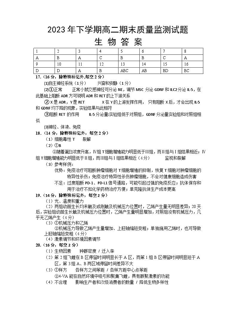 2023年下学期期末质量监测高二生物答案第1页