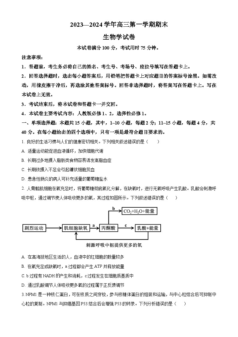 2024届福建省十一校高三1月期末联考生物试题（原卷版）第1页