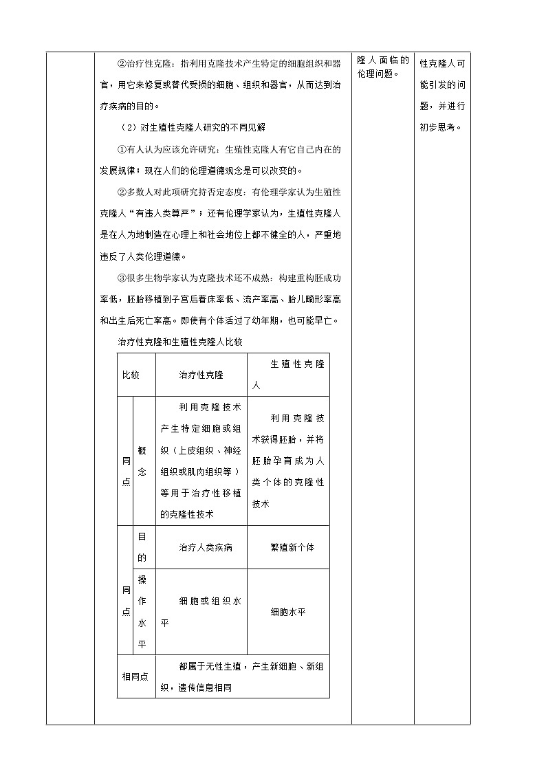 人教版（2019）高中生物学   选择性必修三   生物技术与工程   4.2关注生殖性克隆人.教案02