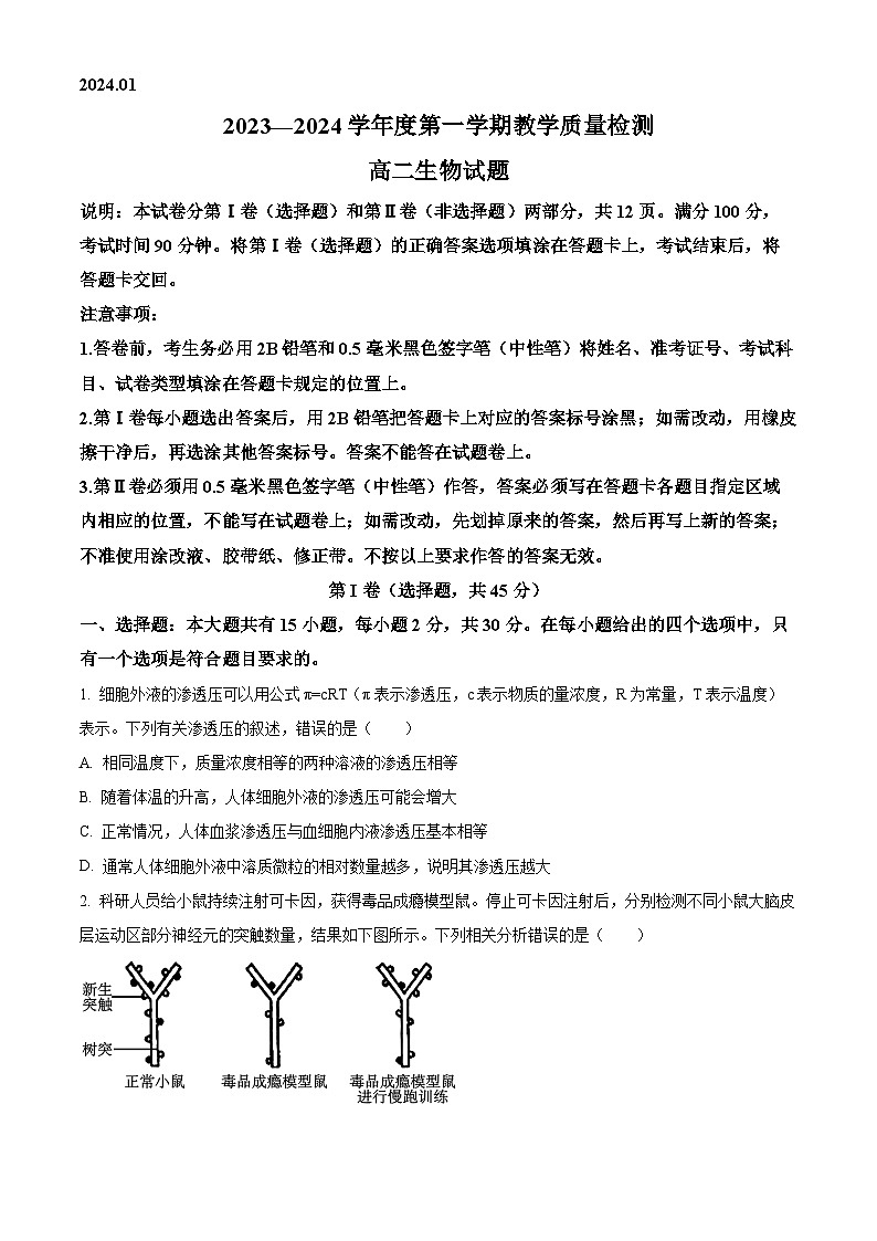 2024青岛即墨区高二上学期期末考试生物含解析01