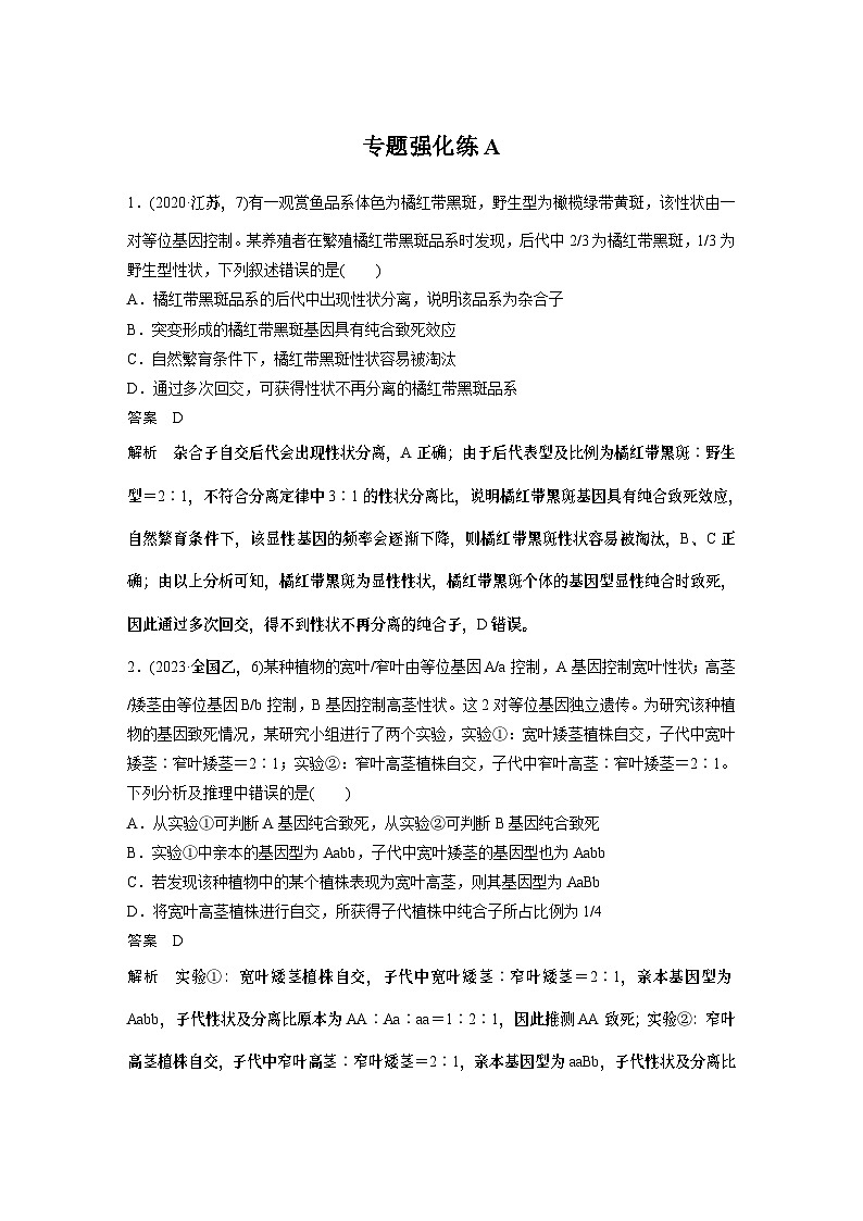第一篇　主题二　专题(六)　专题强化练A 遗传的基本规律和人类遗传病A 2024年高考生物二轮复习课件+讲义01
