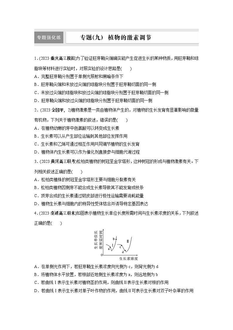 第一篇　主题三　专题(九)　专题强化练 植物的激素调节 2024年高考生物二轮复习课件+讲义01