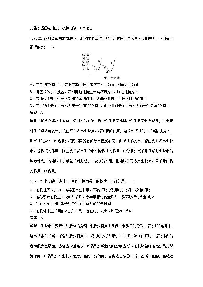 第一篇　主题三　专题(九)　专题强化练 植物的激素调节 2024年高考生物二轮复习课件+讲义02