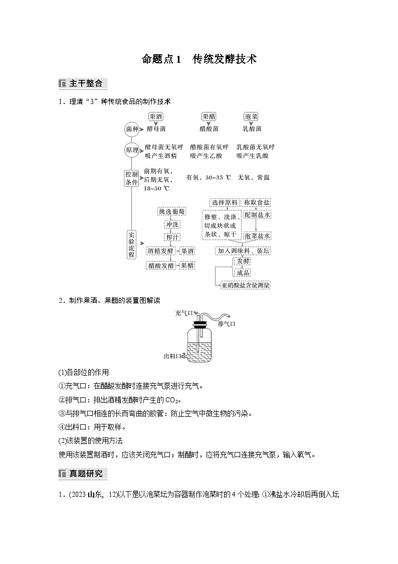 第一篇　主题五　专题(十二)　命题点1　传统发酵技术 2024年高考生物二轮复习课件+讲义02