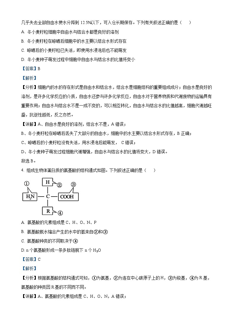 浙江省绍兴市2023-2024学年高一上学期1月期末考试生物试卷（Word版附解析）02