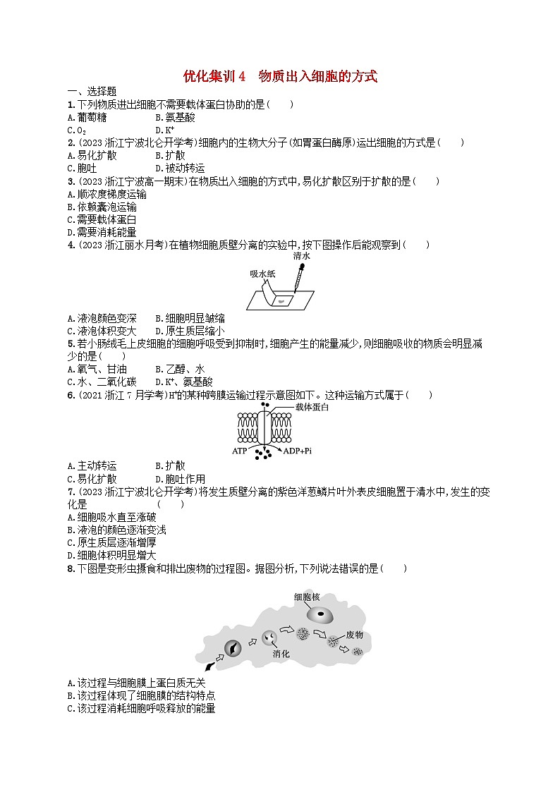 2024高考生物基础知识复习优化集训试题4物质出入细胞的方式第1页