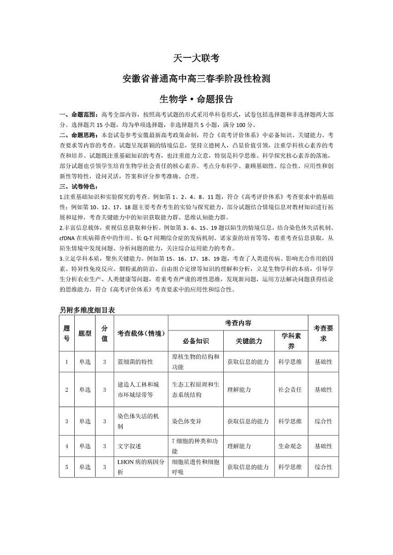 安徽天一大联考2023-2024学年高三下学期春季阶段性检测生物01