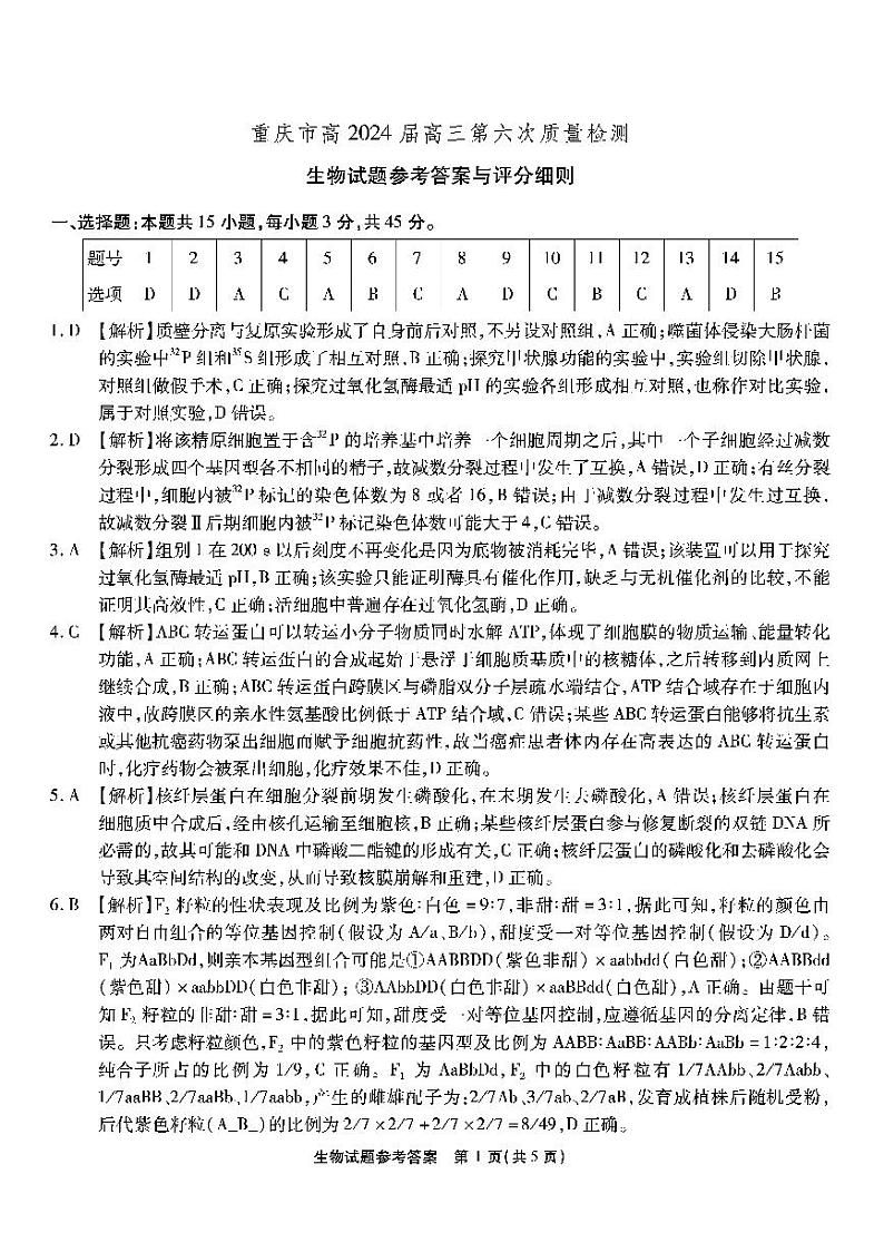 重庆市南开中学2023-2024学年高三下学期2月月考试题-生物答案第1页
