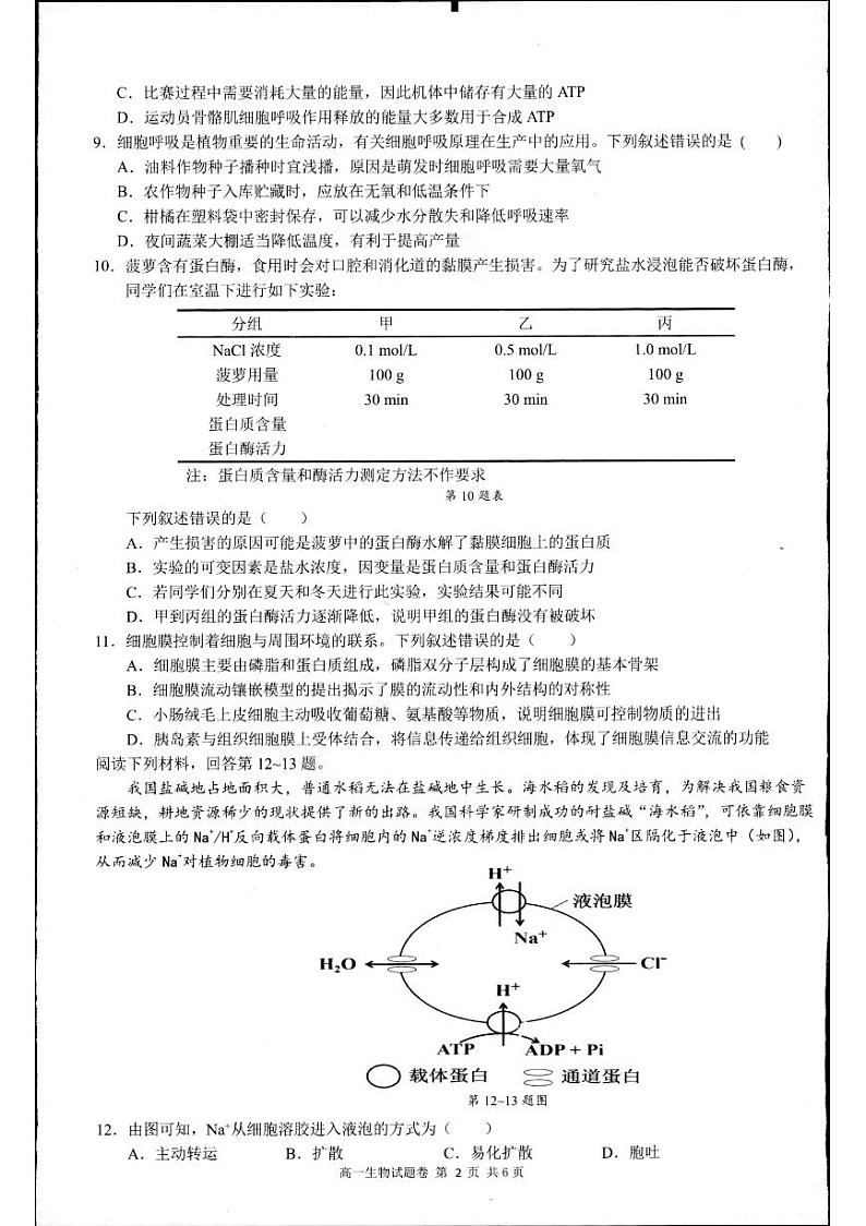 2024杭州高一上学期期末学业水平测试生物PDF版含答案02