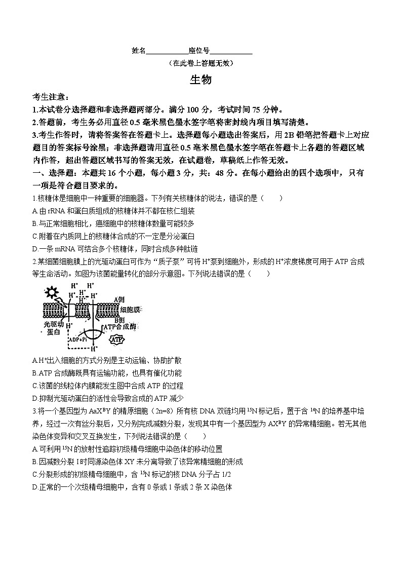 16，2024届江西省九江市十校高三下学期第二次联考生物试题()第1页