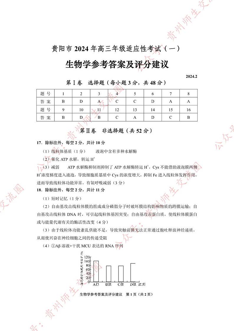 2024年一模生物答案第1页