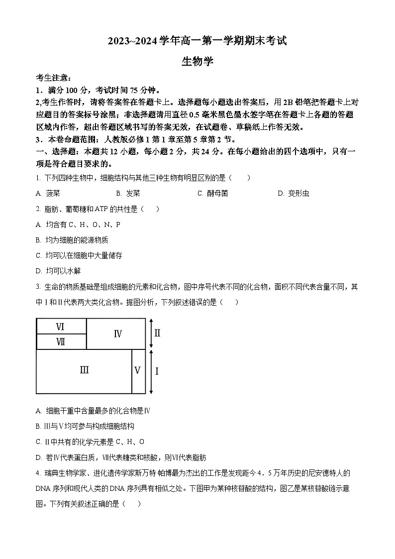 2024江西省名校联盟高一上学期1月期末考试生物含解析01