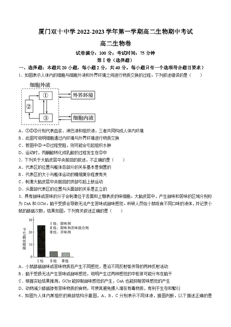 福建省厦门双十中学2022-2023学年高二上学期期中生物试题01