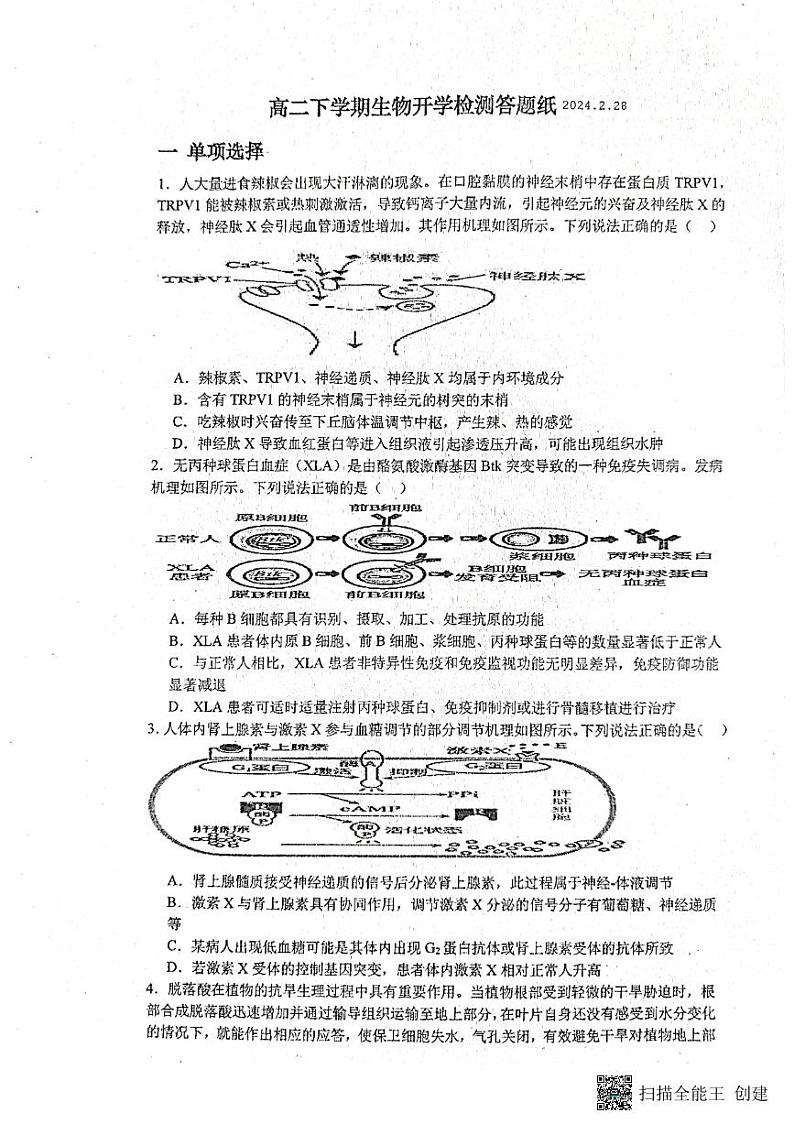 山东省烟台市龙口第一中学东校2023-2024学年高二下学期开学考试生物试题01