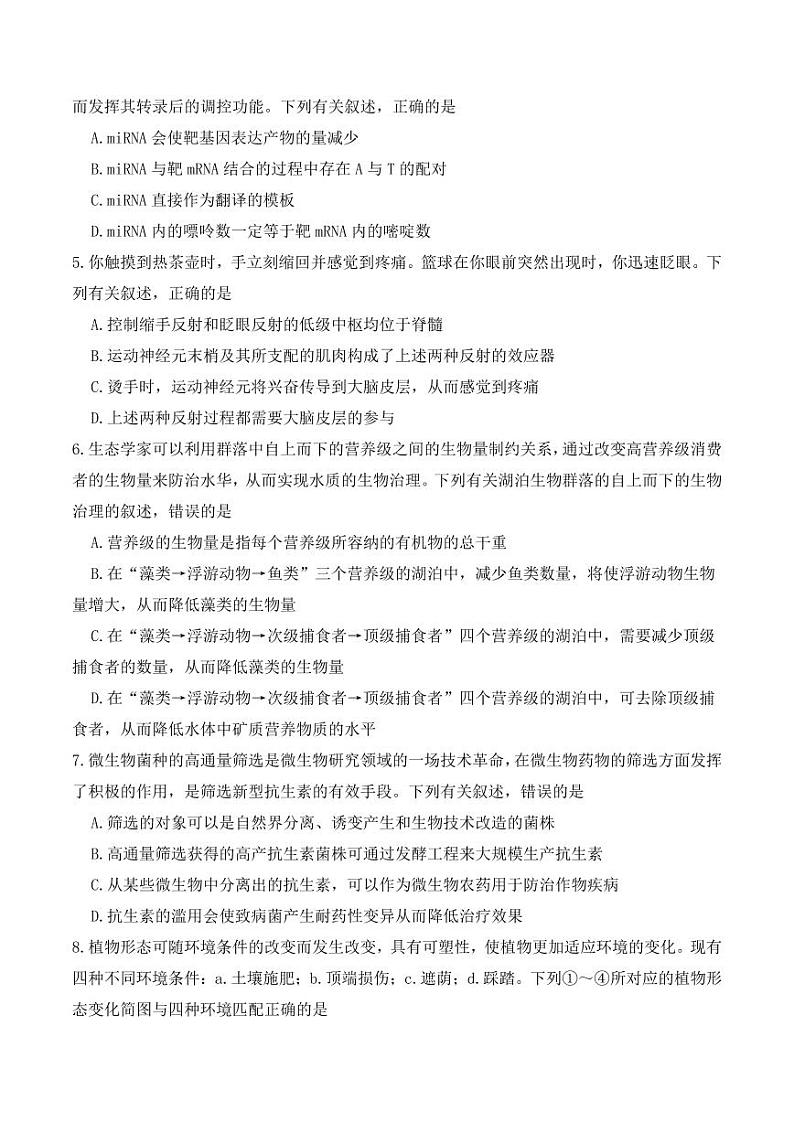东北三省三校（哈师大附中、东北师大附中、辽宁省实验中学）2023-2024学年高三下学期第一次联合模拟考生物试题第2页