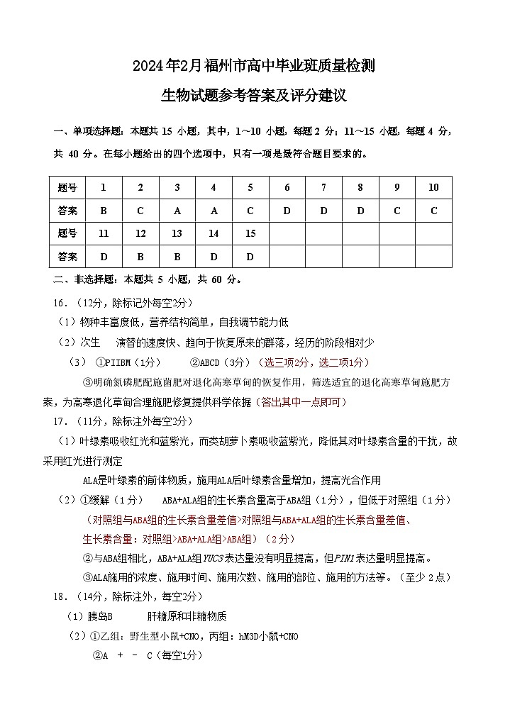 2024.2福州高三下学期生物学科2月质检参考答案第1页