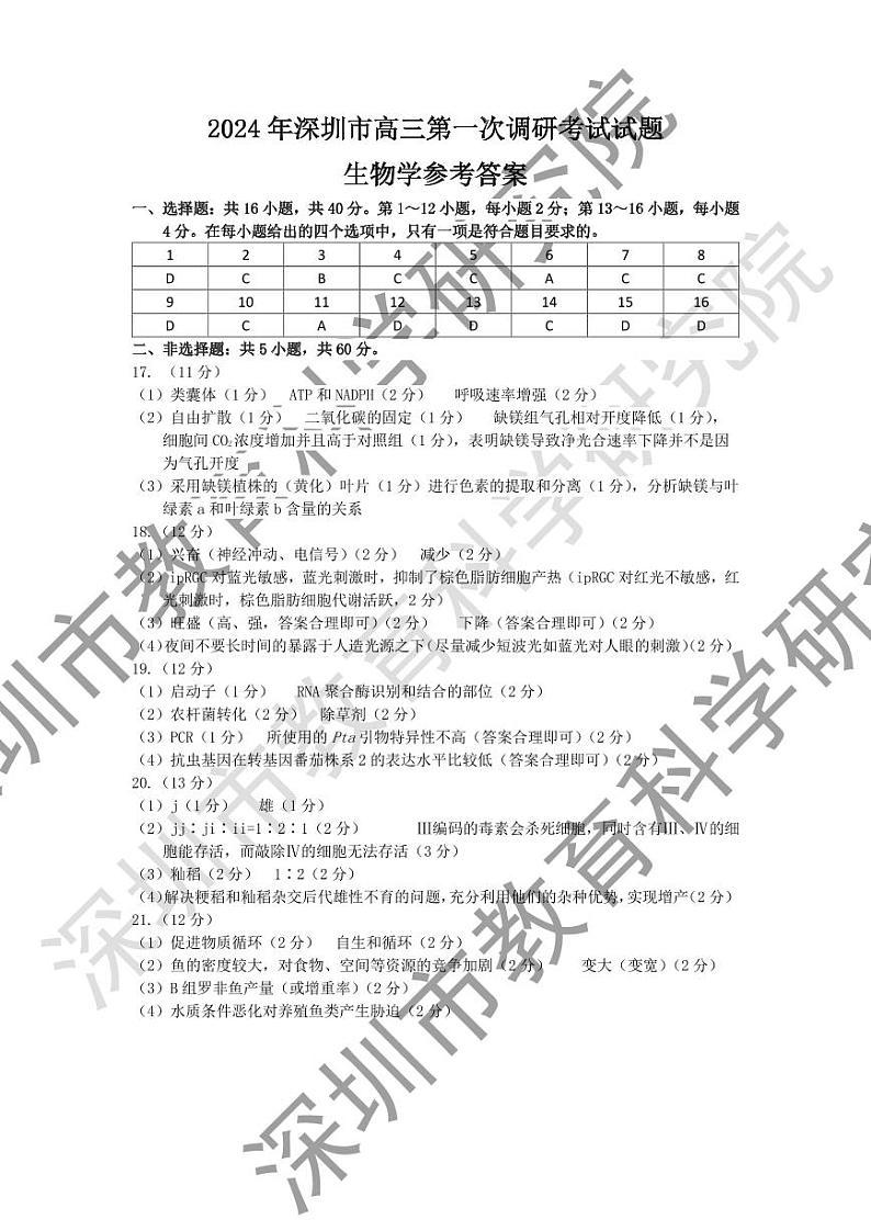 生物学参考答案-2024年深圳市高三年级第一次调研考试 (1)01