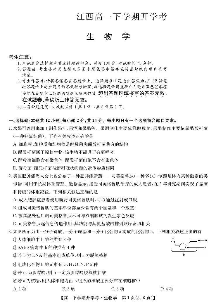 江西省赣州市2023-2024学年高一下学期开学考生物试题01