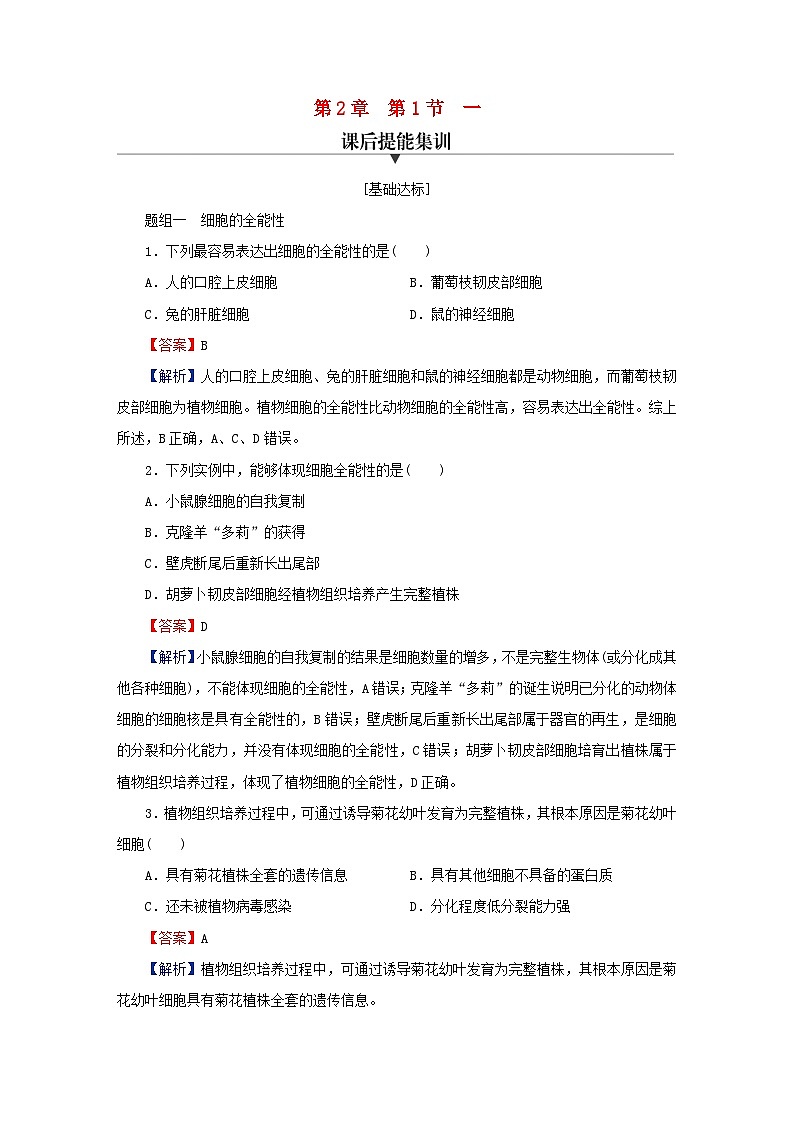 2024春高中生物第2章细胞工程第1节植物细胞工程一植物细胞工程的基本技术课后提能训练（人教版选择性必修3）第1页