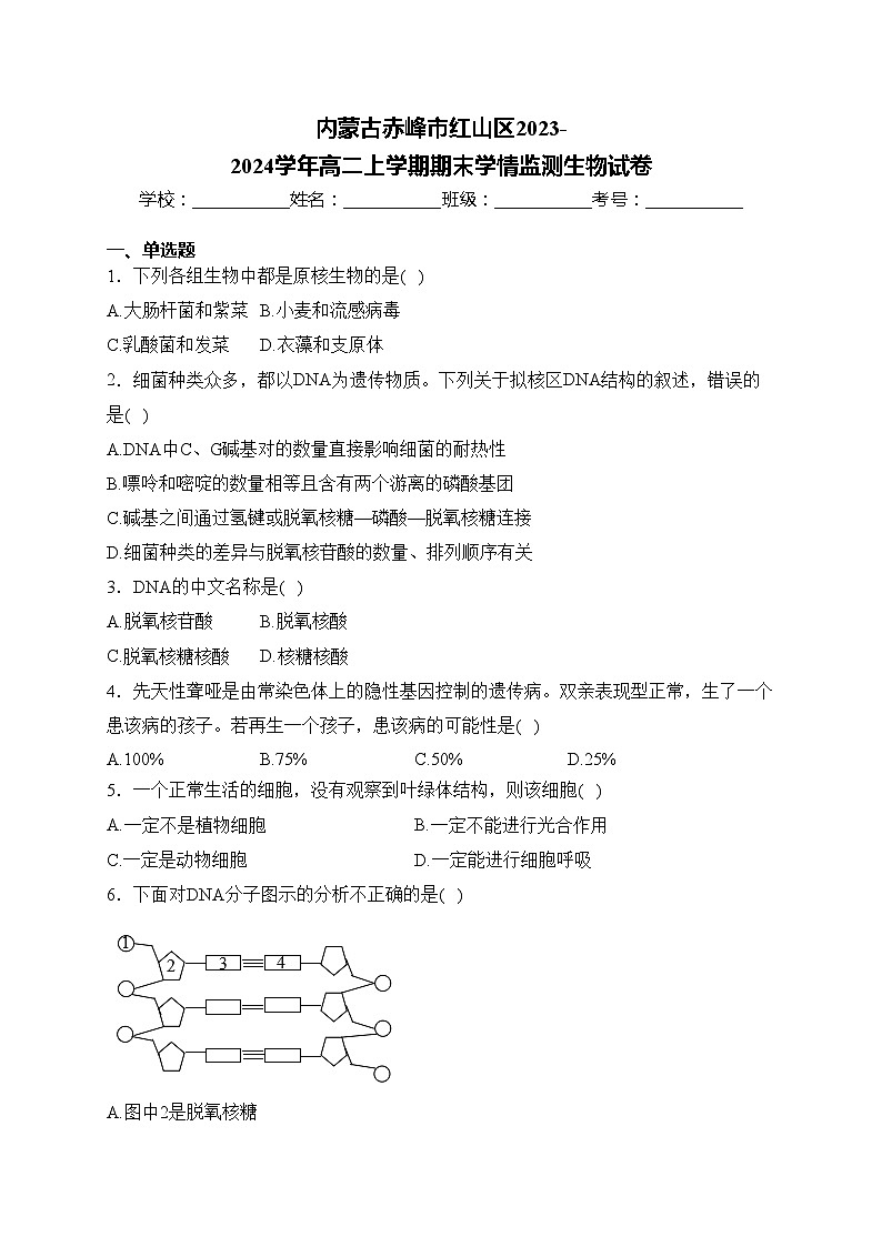 内蒙古赤峰市红山区2023-2024学年高二上学期期末学情监测生物试卷(含答案)第1页